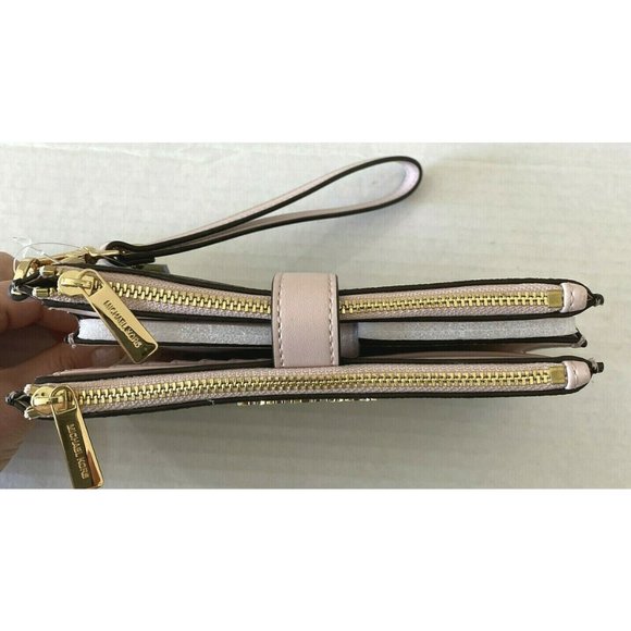 New Michael Kors Jet Set Travel Double zip wristlet wallet Brown / Blush multi - Picture 2 of 6